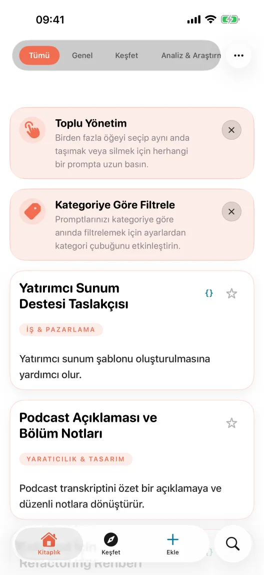 YONT kitaplık ekranı: kategori şeridi ve prompt kartları